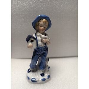 COUNTRY GIRL PORCELAIN FIGURE BLONDE GIRL W/BIRD & BIRD HOUSE BLUE OVERALLS/HAT